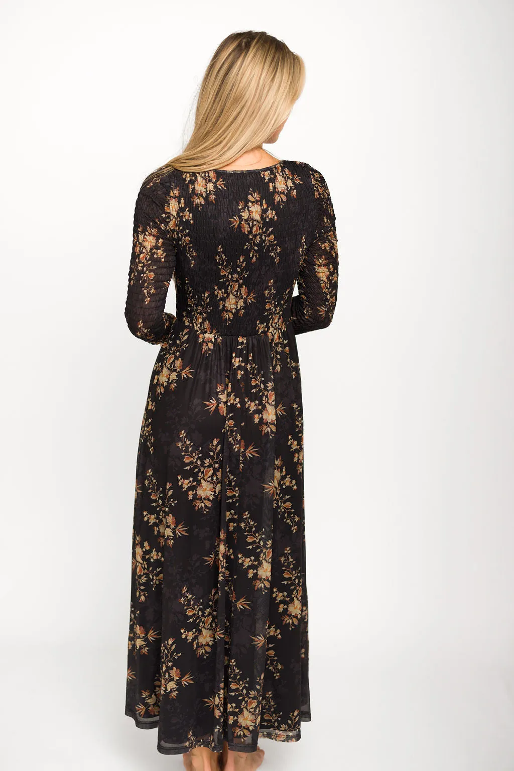 Honor Floral Smocked Woven Maxi Dress in Black - Bump Friendly