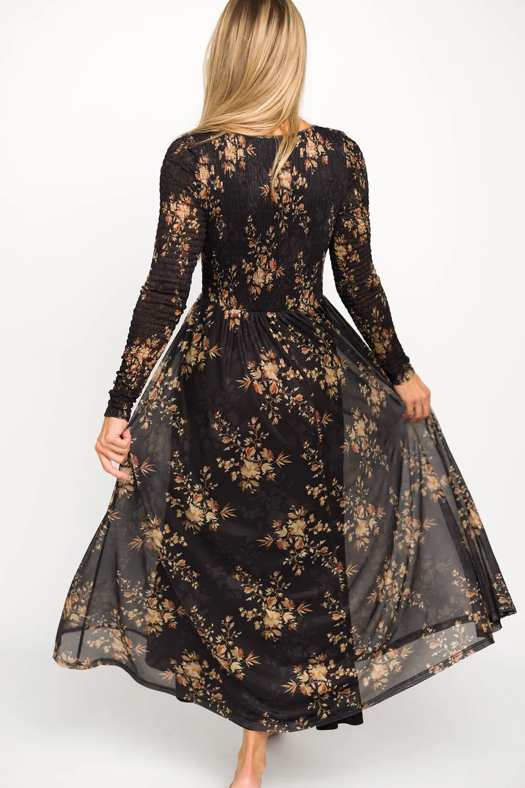 Honor Floral Smocked Woven Maxi Dress in Black - Bump Friendly