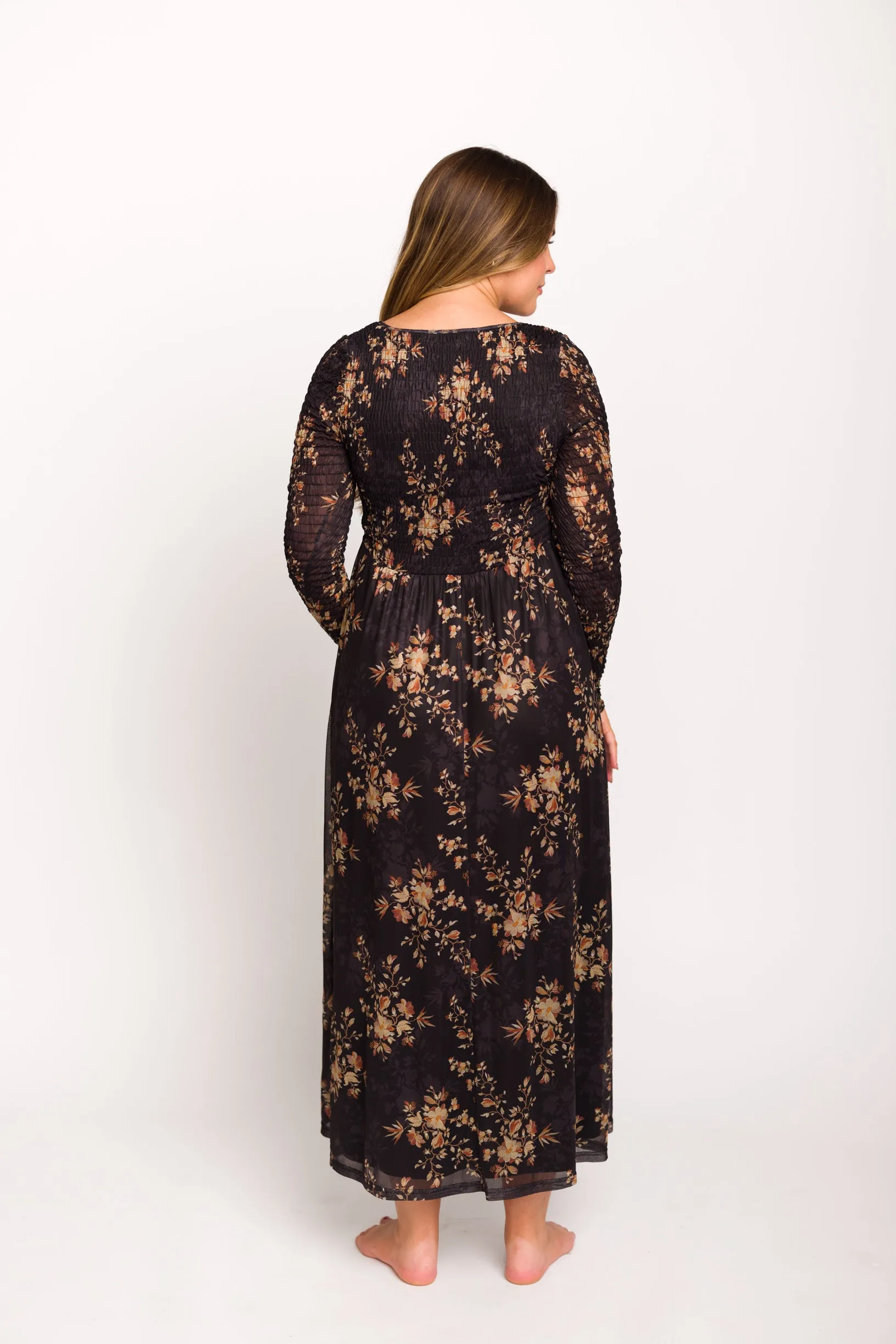 Honor Floral Smocked Woven Maxi Dress in Black - Bump Friendly