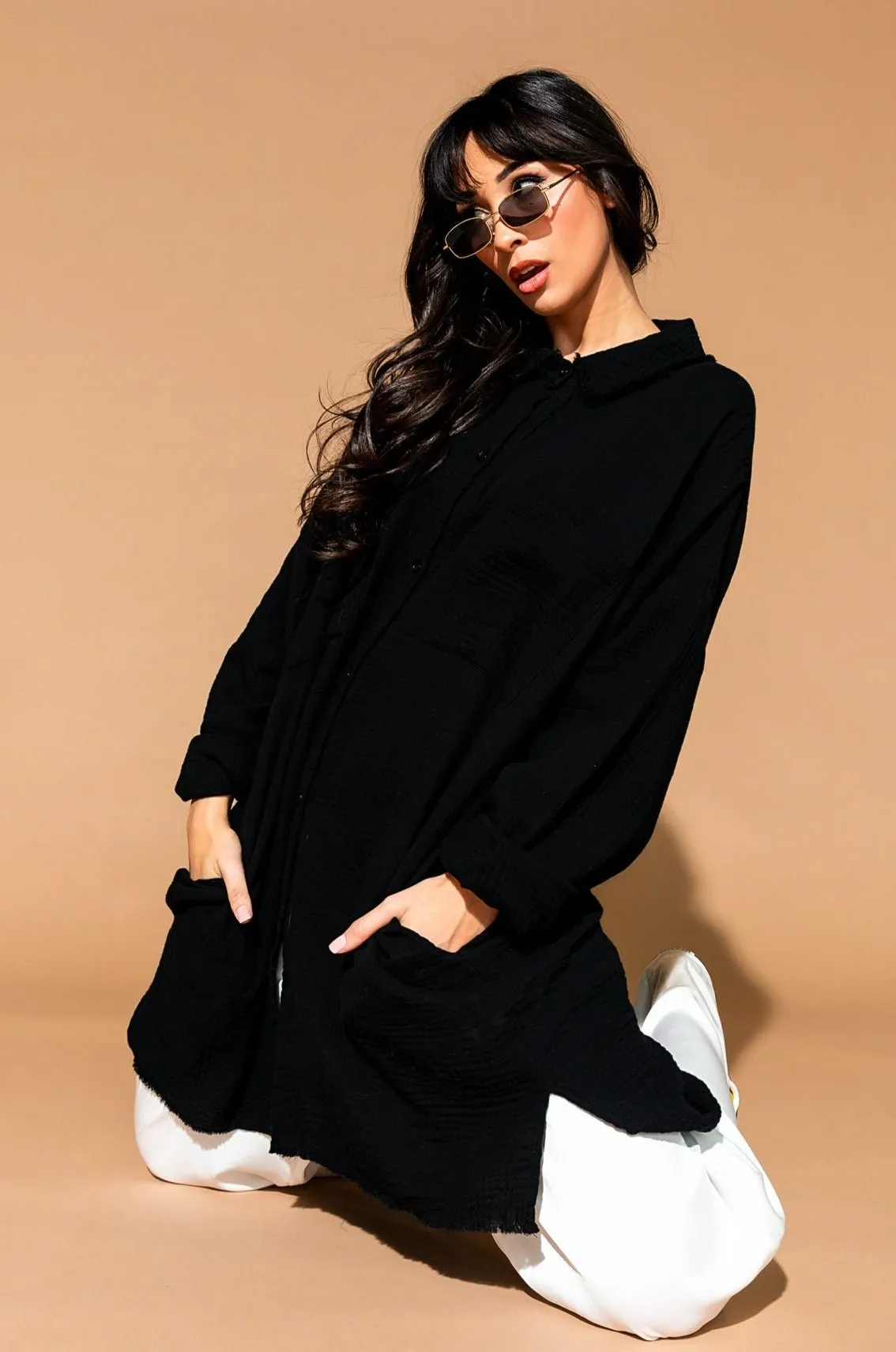 Lala Made Me Do It Oversized Button Up in Black