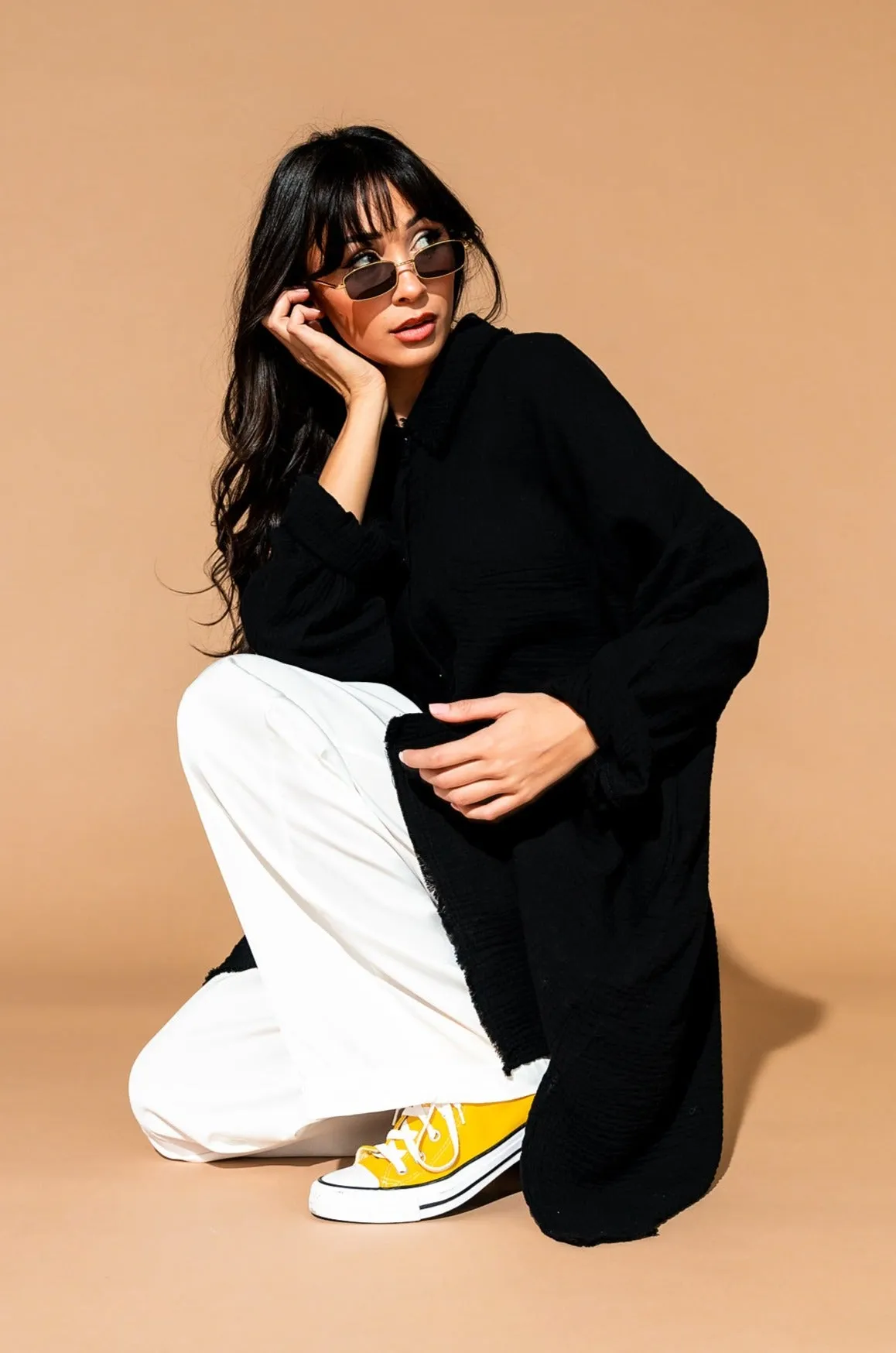 Lala Made Me Do It Oversized Button Up in Black