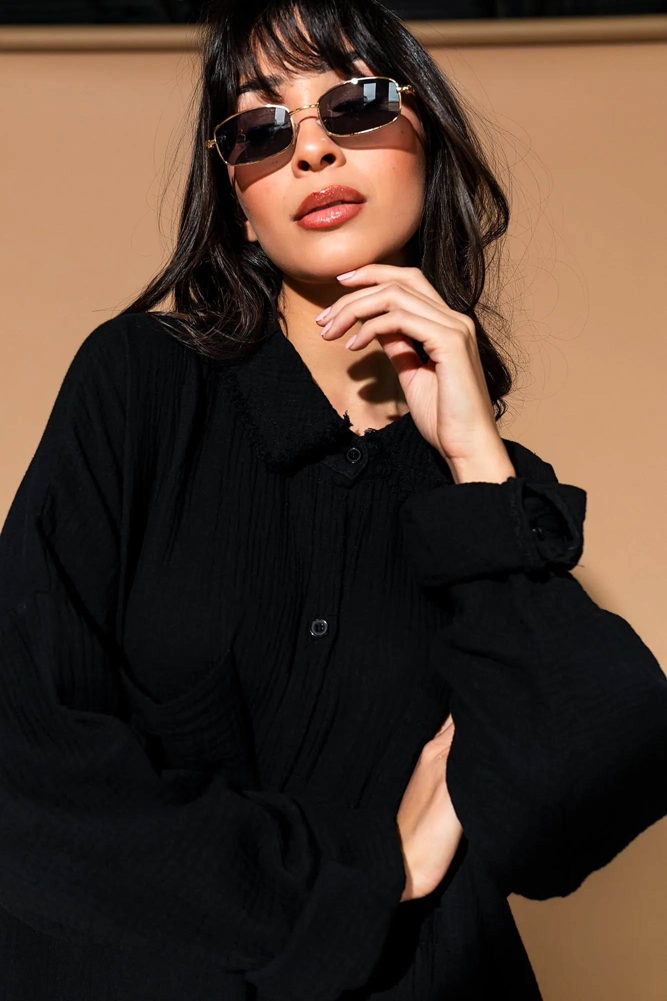 Lala Made Me Do It Oversized Button Up in Black
