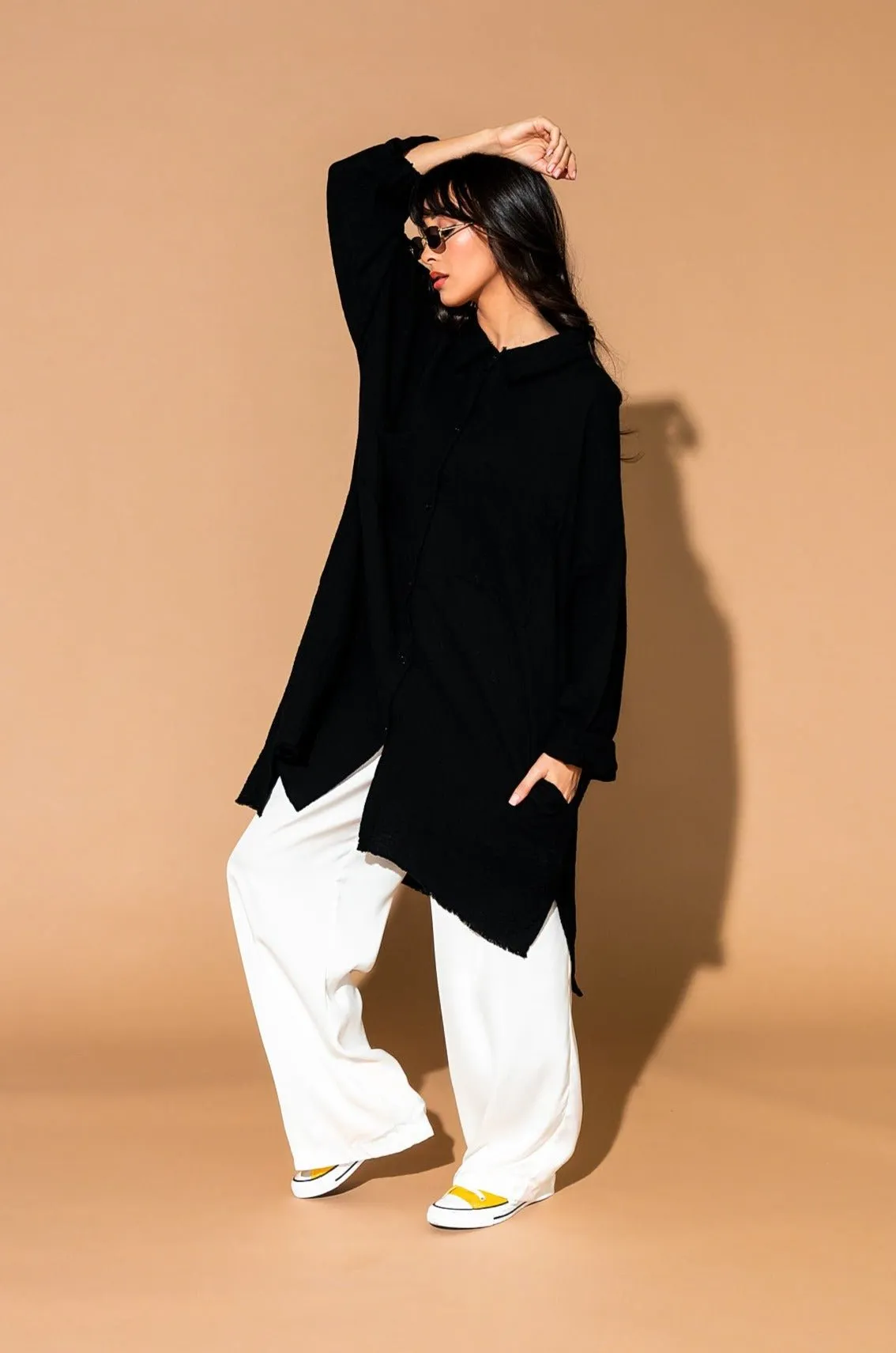 Lala Made Me Do It Oversized Button Up in Black