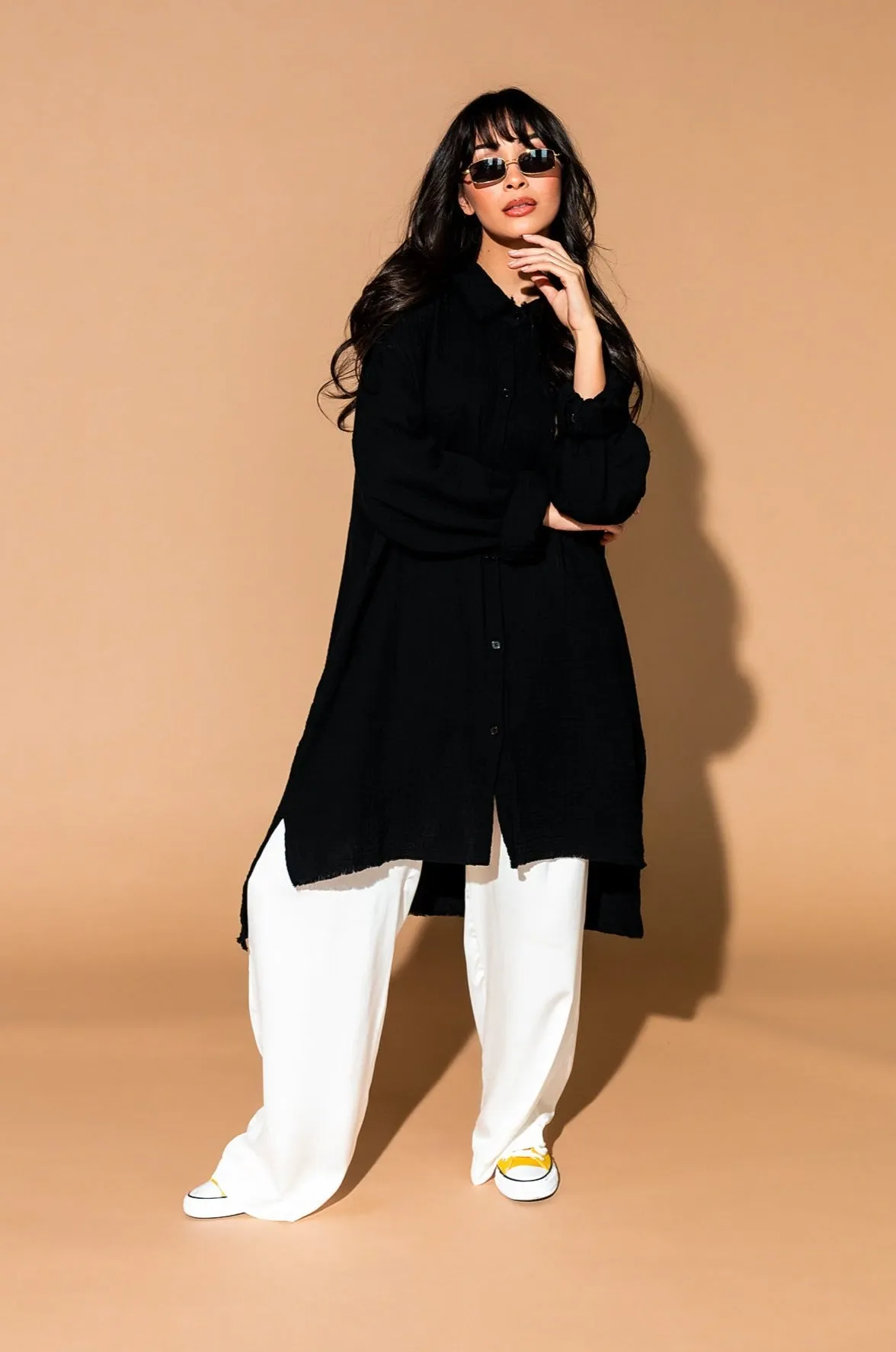Lala Made Me Do It Oversized Button Up in Black