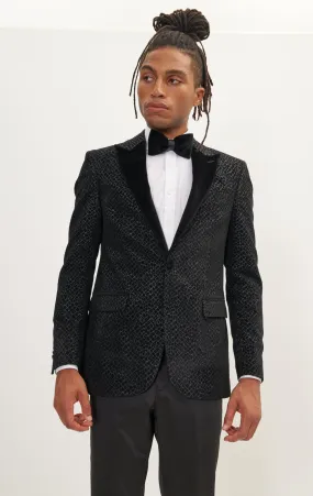 Leopard Flocking Peak Lapel Tuxedo Jacket - Black
