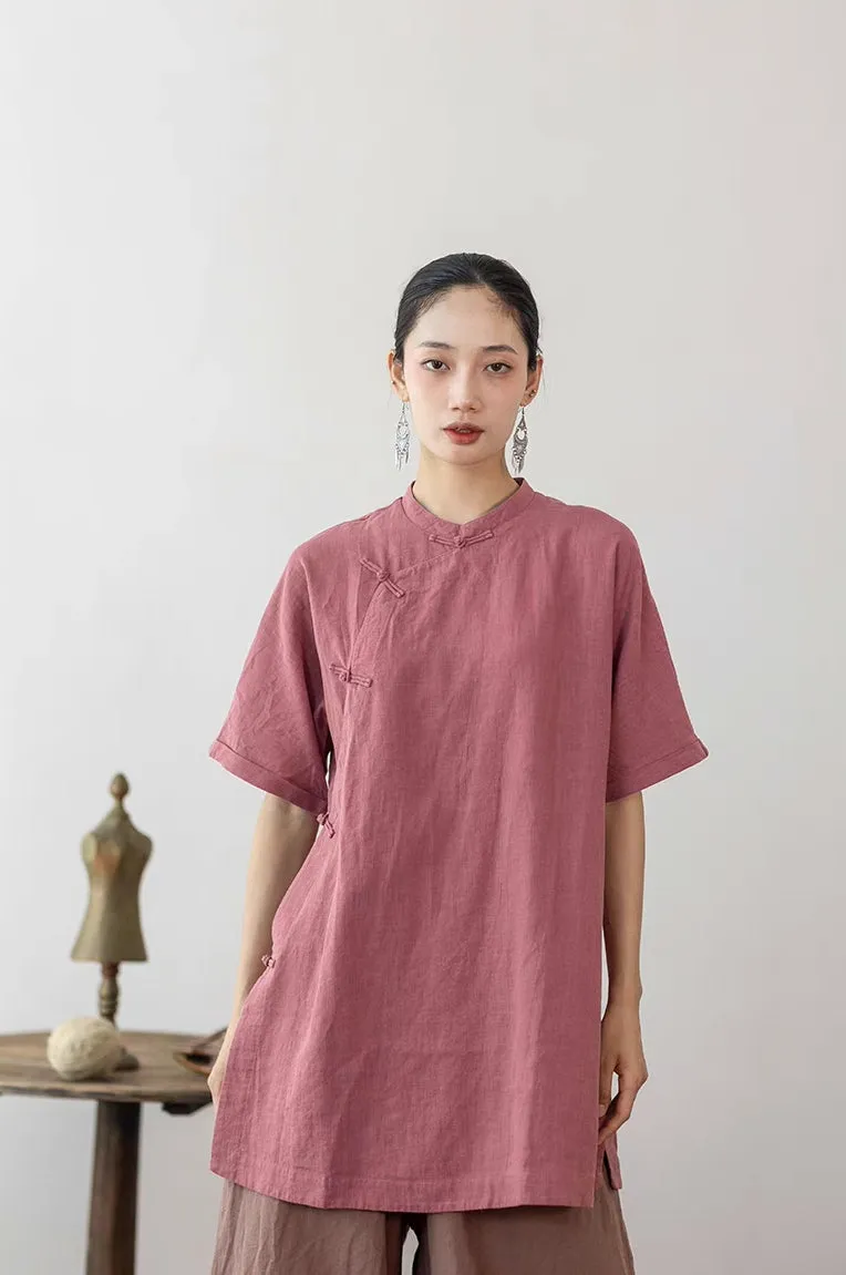 Simple Cheongsam Long Shirt in Blush
