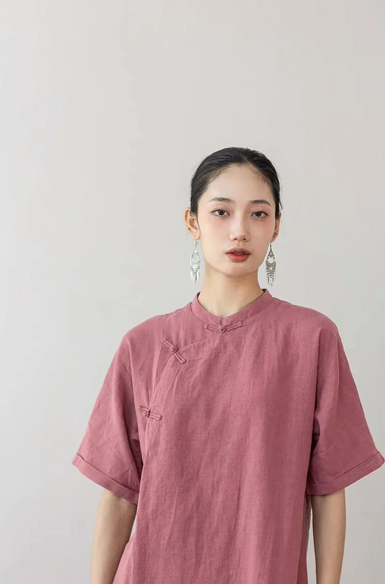Simple Cheongsam Long Shirt in Blush