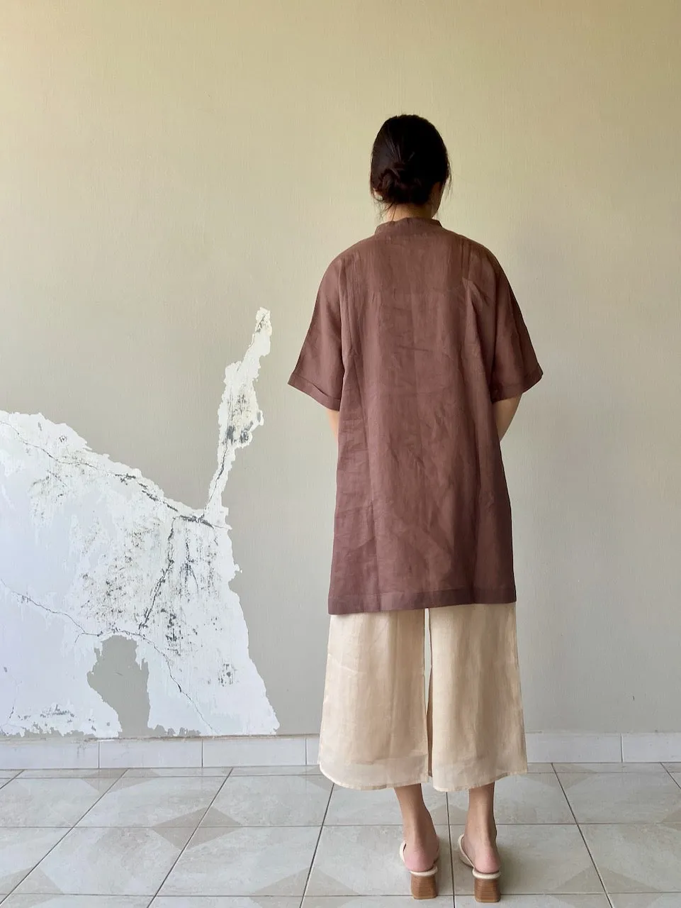 Simple Cheongsam Long Shirt in Brown