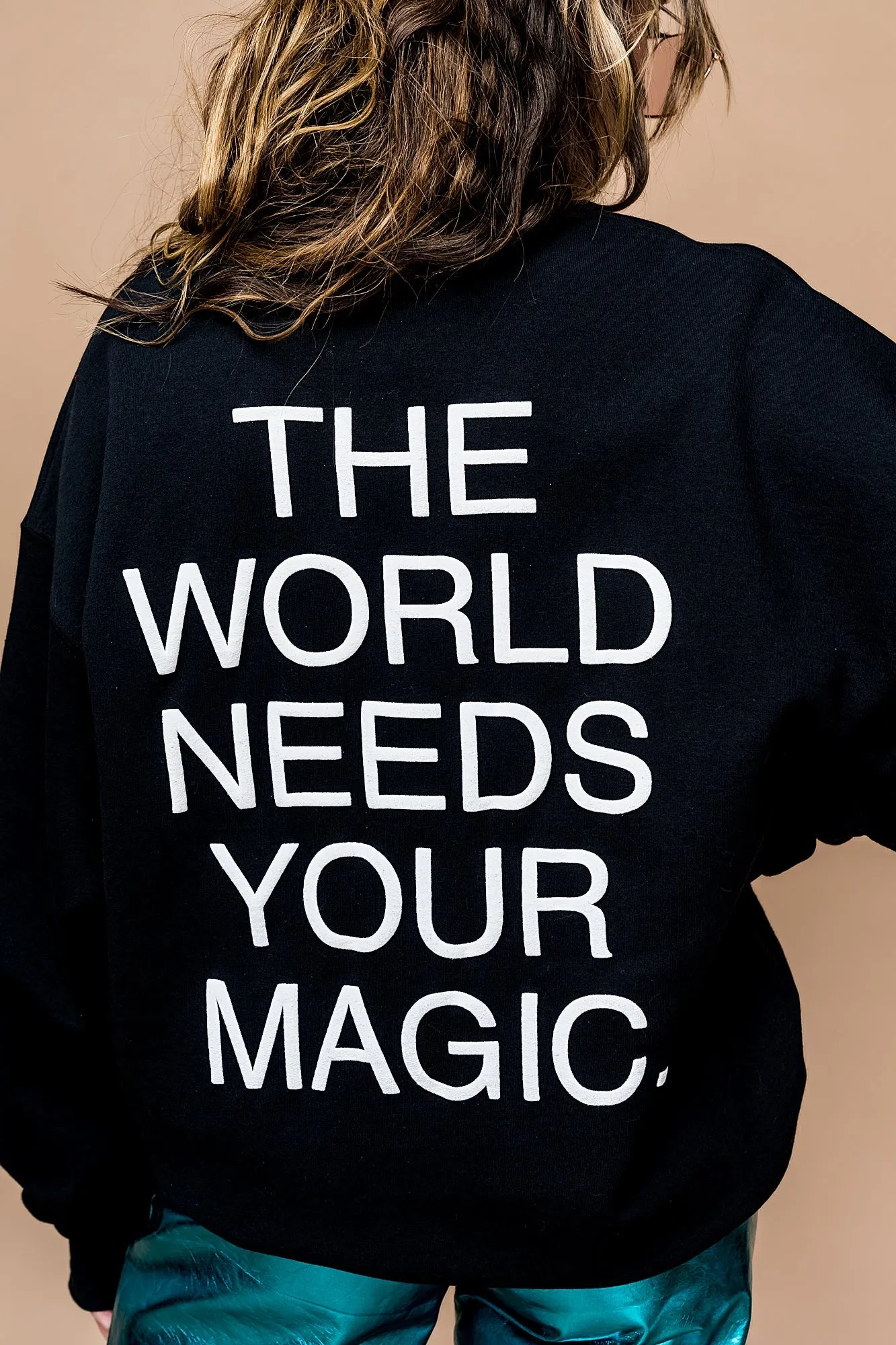 The World Needs Your Magic Puff Print Pullover in Black/White