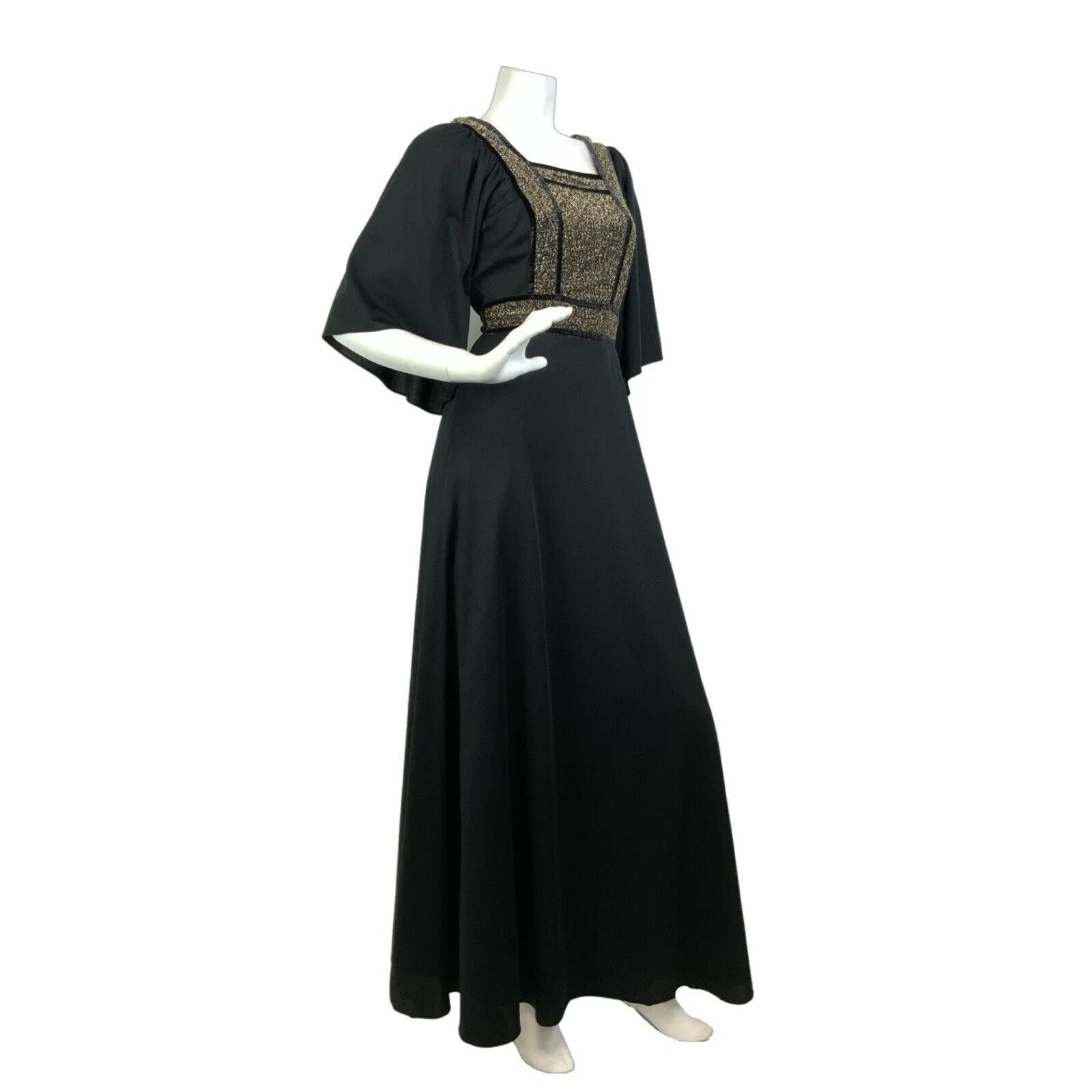 VINTAGE 60s 70s BLACK GOLD LUREX BELL SLEEVE BOHO PARTY DISCO MAXI DRESS 8