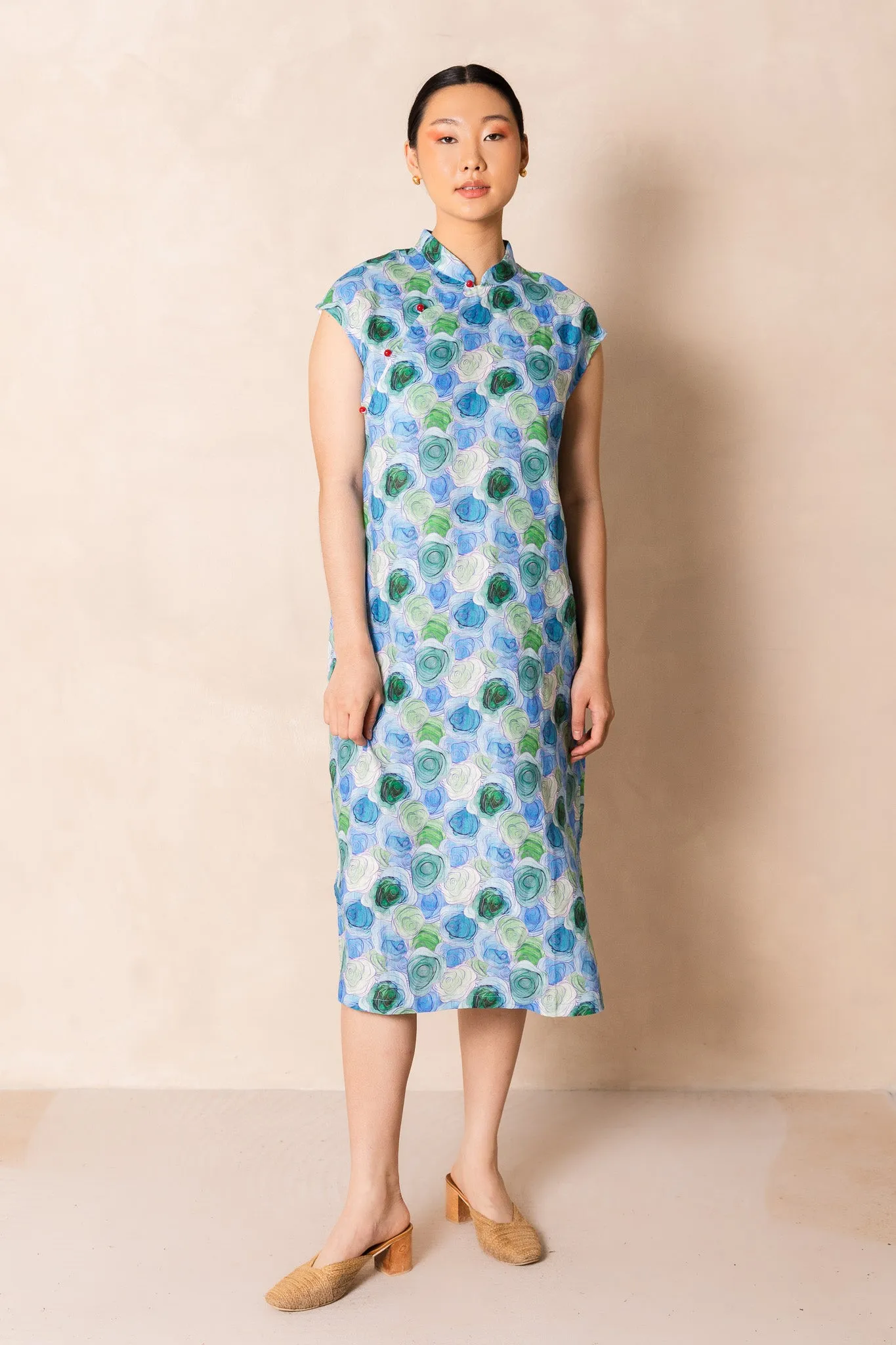 Water Colour Blue Rose Print Cap Sleeve Cheongsam Dress